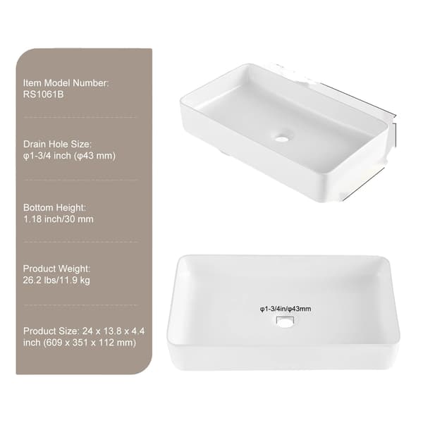 Fartygsink, Rektangulär Keramik, Effektiv Avrinning,24x13.8 in