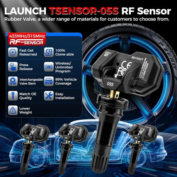 TPMS-sensor, dubbel frekvenskompatibilitet, lång batteritid,4st Gummiventil