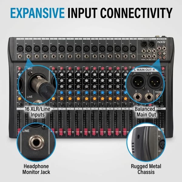 Lydmixer, 16-kanaler, 60mm faders, Bluetooth-kompatibilitet, USB MP3-afspiller understøttelse, DC-strømkilde