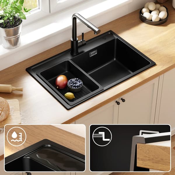 Køkkenvask, Komposit Granit, Enkelt Skål Design,Sort