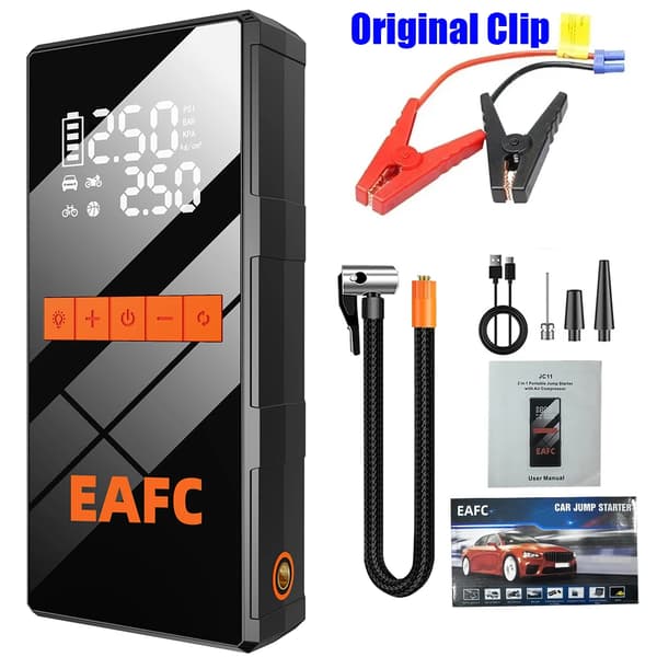 Car Jump Starter, 150PSI Air Compressor, Emergency Battery Starter, Black Original Clip