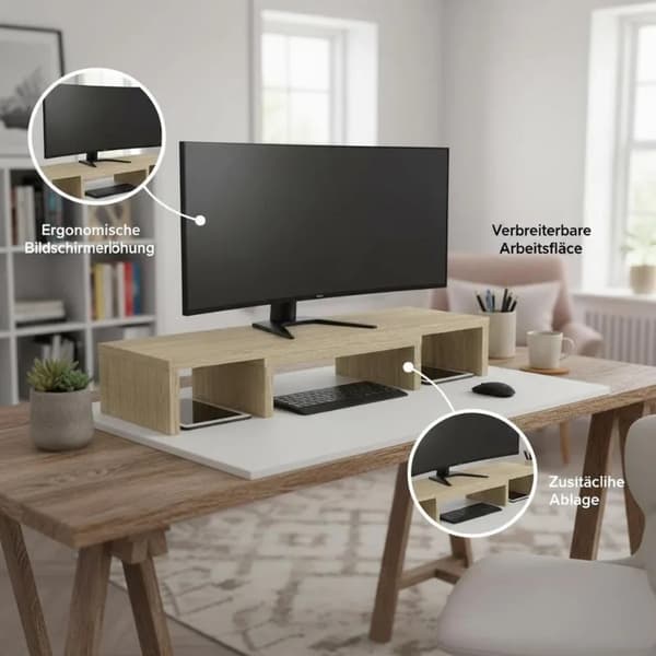 Monitorställ, konstruerat trädesign, inbyggda förvaringsfack,Brun