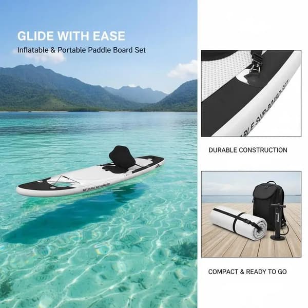 Oppustelig Stand-Up Paddleboard, PVC Materiale, Ideel til Begyndere,sort og hvid