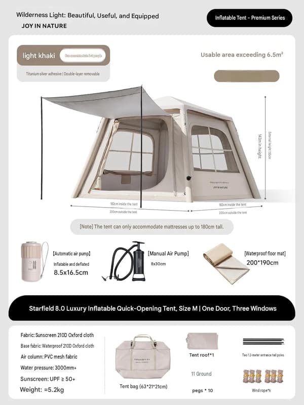 Camping Lufttelt, Vindbestandigt Design, Nem Opsætning,6.5㎡
