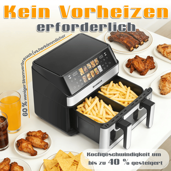 Luftfritös, Dubbelkorg 8,5L, 2000W Effekt, 80-200 °C Temperaturintervall, LED Touchpanel, 10 Matlagningsprogram