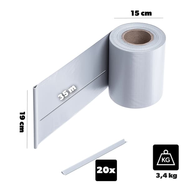 Stängseltejp, 19 cm bredd, 35 m längd, hållbart PVC-material, UV-beständig