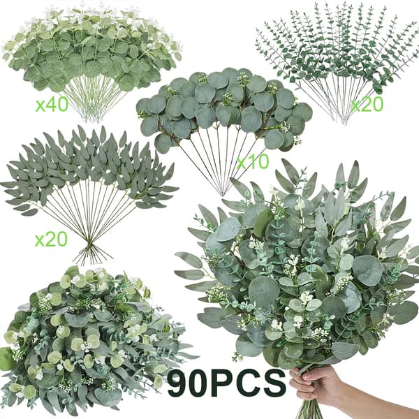 Kunstige Blomsterbuket, Eucalyptusblade, Indendørs Dekor,90PCS