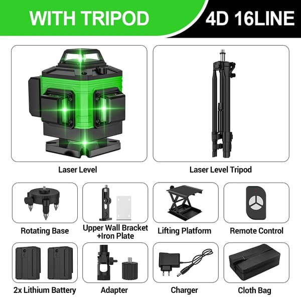 Laser Niveau, 16 Linjer, Selvnivellerende,16--Tripod-Stofpose
