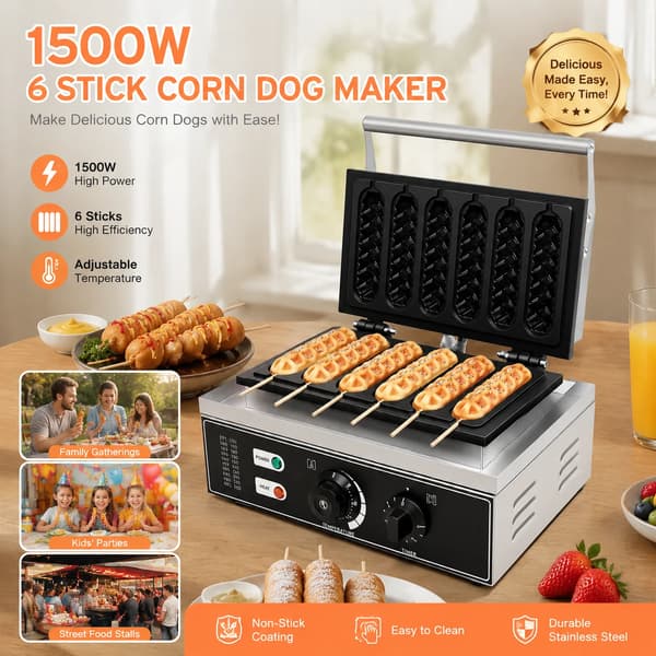 Pølsemaskine, 1500W effekt, 6 pølseforme, temperaturinterval 50-300℃, timer 0-5 minutter, rustfrit stål konstruktion