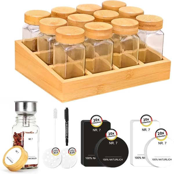 Bambu Kryddställ, 12 Vinklade Förvaringsbehållare, Modern Design, 12 Delar