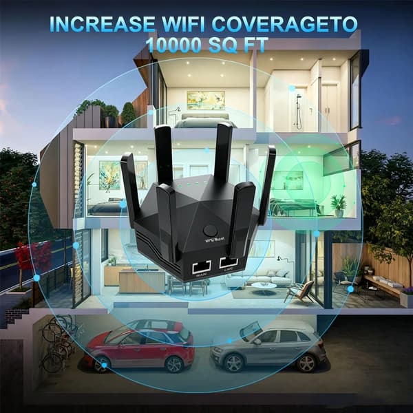 WiFi Forlænger, 1200Mbps Højhastighed, 6 Antenner,sort