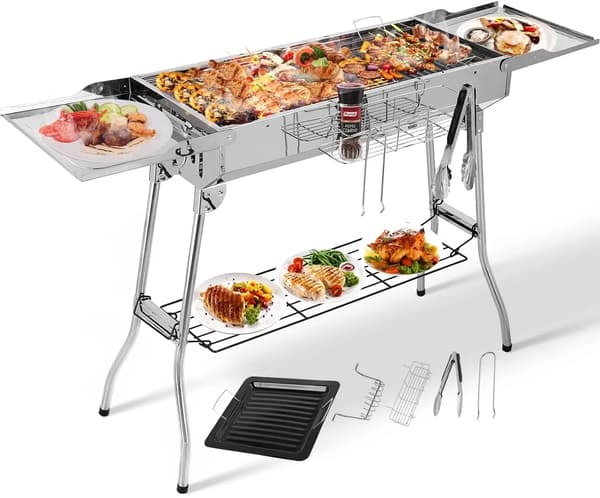 Kulgrill, Bærbar Design, Komplet Tilbehørssæt,Sølv