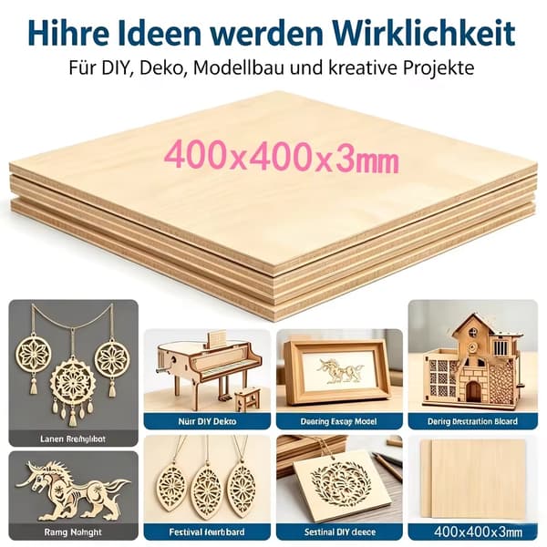 Træplader, ubehandlet bøg, ideel til håndværk og gravering,3mm, 100stk, 400x400mm