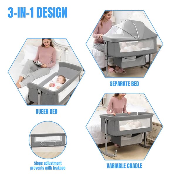 Resesäng, Konvertibel Design, Justerbart Myggnät,Grå
