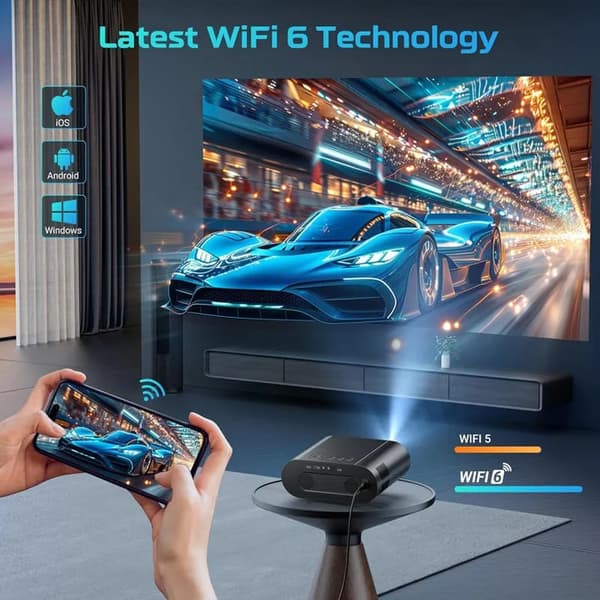 Projektor, 1080P opløsning, Bluetooth og WiFi-forbindelse,Sort