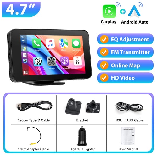 Bilmonitor, 4,7 tum skärm, stöder CarPlay och Android Auto,endast radio