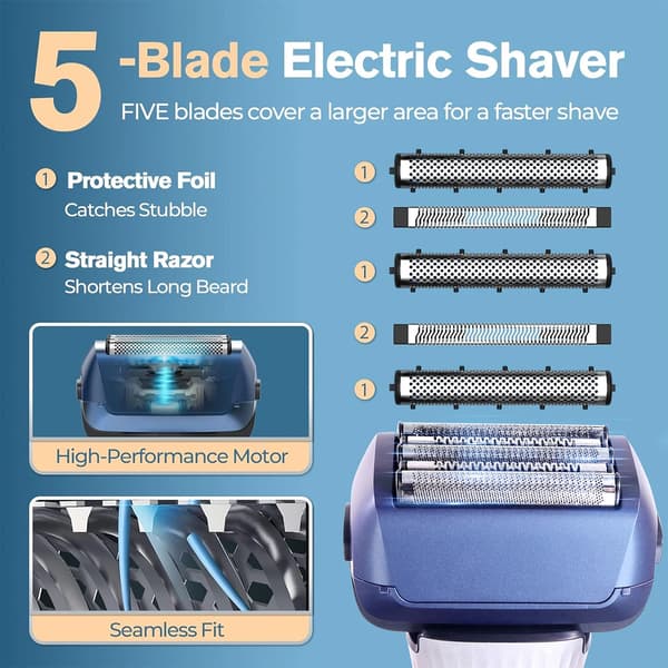 Skäggtrimmer, 5-bladssystem, ergonomisk design,Blå