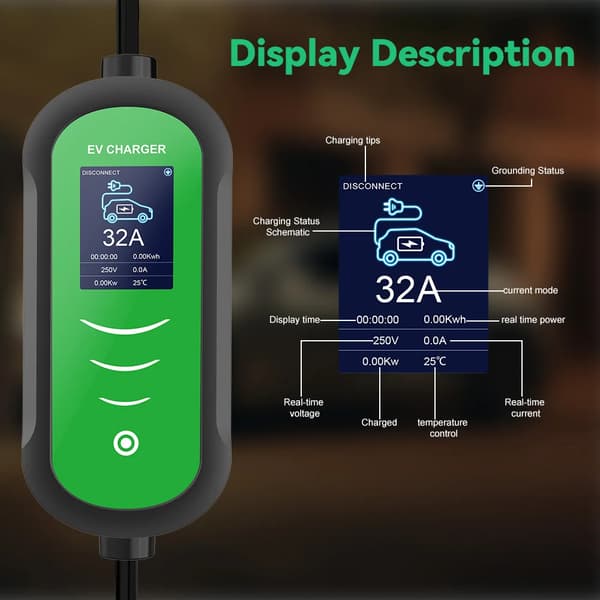 Bærbar EV-lader, justerbar strøm, IP65 beskyttelse,7KW 32A 1Fase