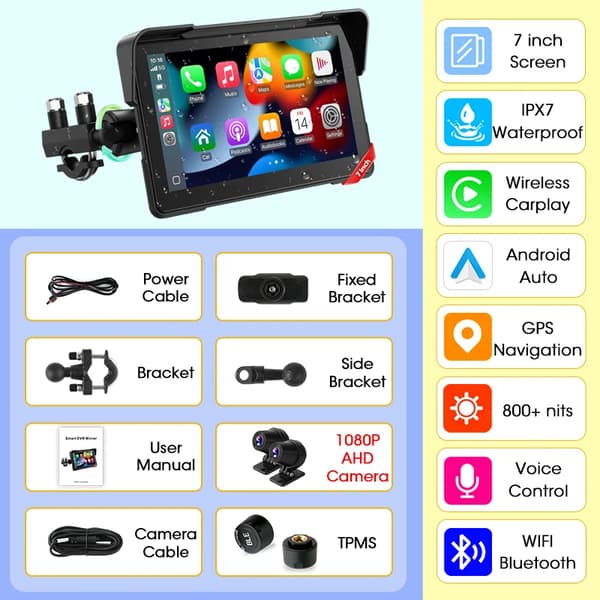 Motorcykel GPS-navigation, 7-tommer skærm, Dual Bluetooth 5.0,DVR TPMS