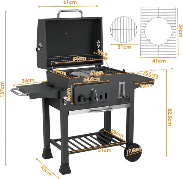 Kulgrill, Vognfunktion, Justerbar Bakke,sort