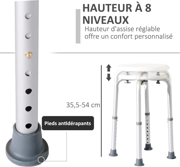 Duschpall, Justerbar Höjd, Halkfri Bas,VIT