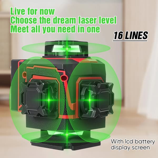 Laser Level, 360-Degree Coverage, Remote Control, 16 Lines + Tripod + Plastic Box