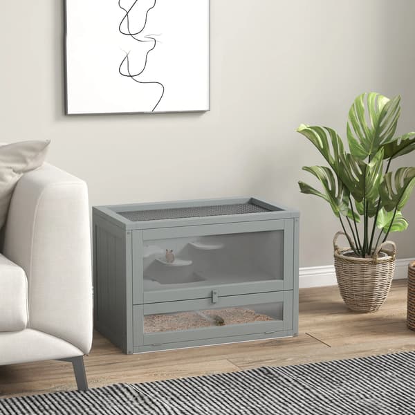 Hamsterbur, 2-niveau design, platforme og trapper,GRÅ, 60X35X42 cm