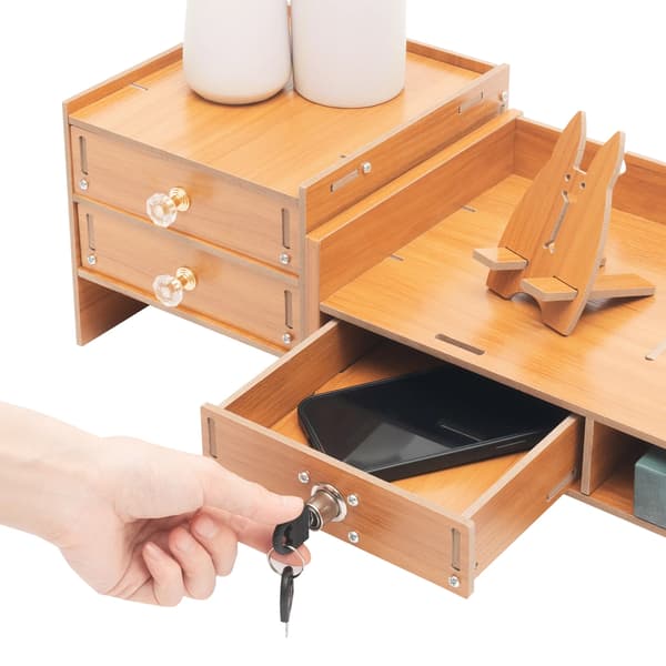 Monitorstand, Træopbevaringsskuffer, Ergonomisk Skrivebordsorganisator,Brun