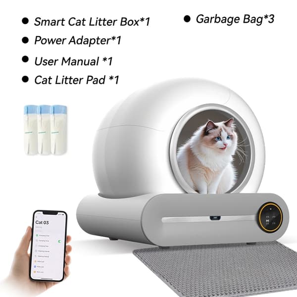 Kattlåda, Automatisk Rengöring, Smart App Kontroll,APP Kontroll & 3 Väskor & Mat
