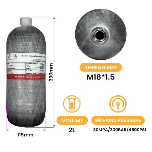 Högtryckstank, 2L kapacitet, kolfiber- och aluminiumkonstruktion,2L