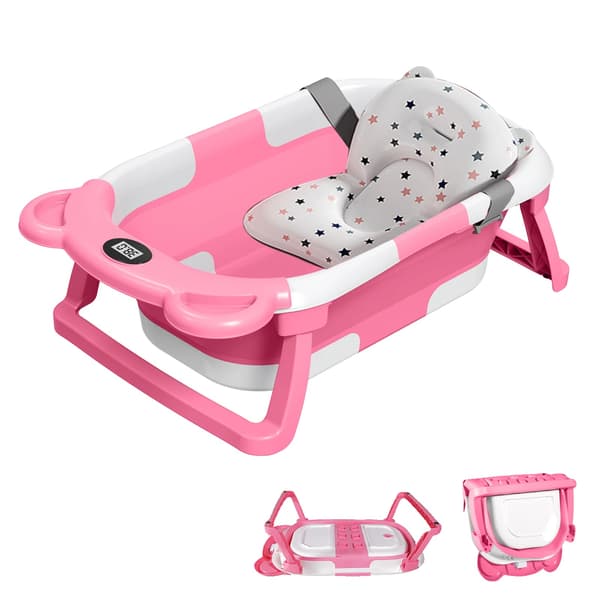Babybadekar, Integreret Termometer, Sammenklappeligt Design,Pink