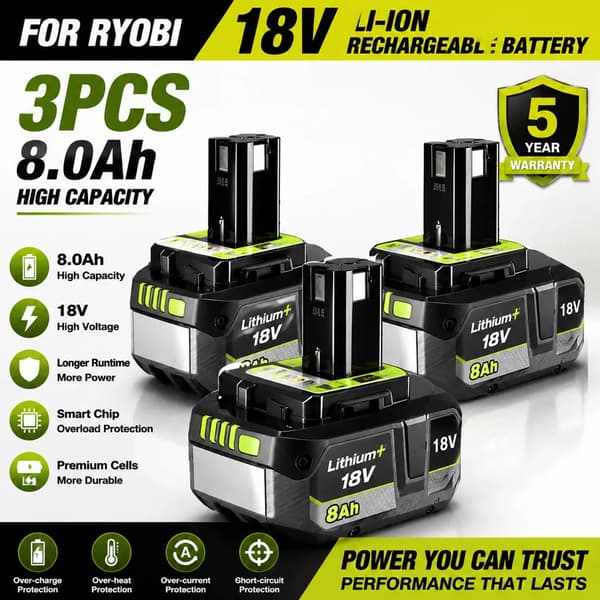 Litiumjonbatteri, 18V, 8000mAh kapacitet,3PCS 8.0AH Batteri