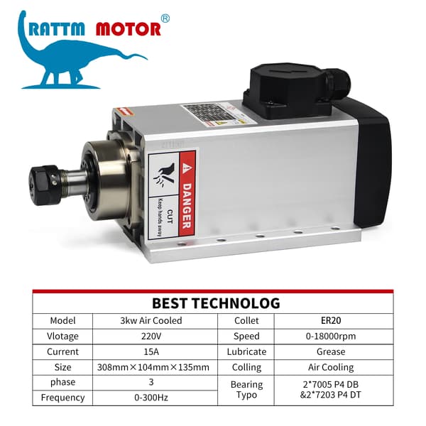 Spindelmotor, 3,5 kW effekt, luftkølet,Bare spindel, 220V