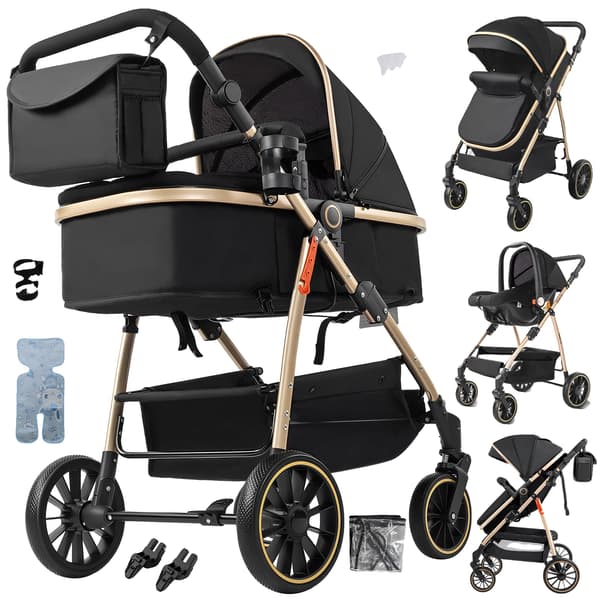 Barnvagn, 3-i-1 Resesystem, Justerbart Säte,V8-BLACKGOLD