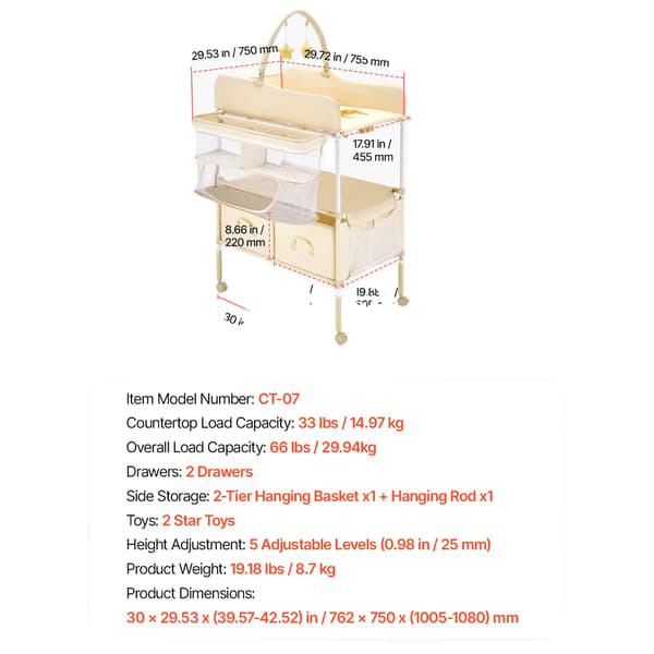 Skötbord, Justerbar Höjd, Fällbar Design,Beige H-form