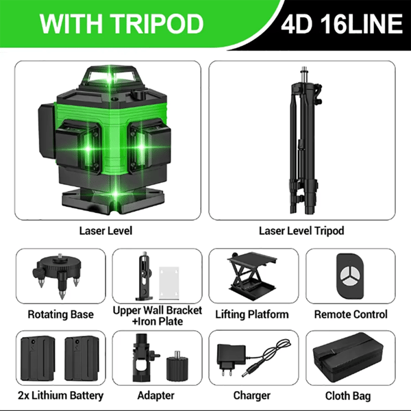 Laser Niveau, 3×360° Justering, USB Genopladelig,16 linjer + stativ + stofpose