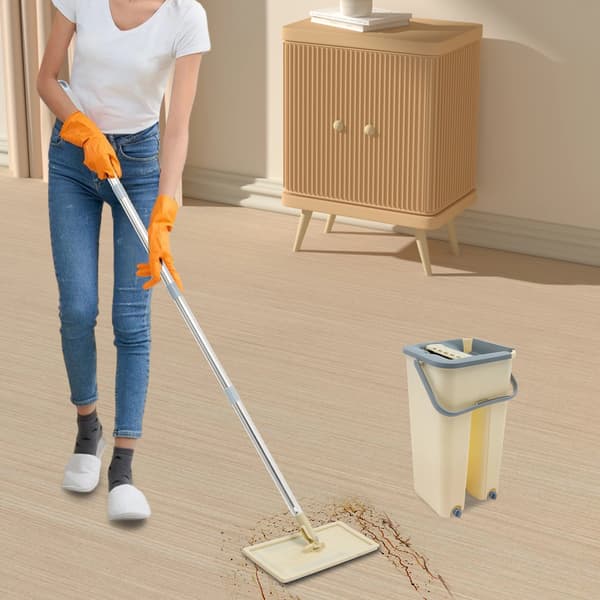 Litteä moppi ja ämpäri -setti, vaihtoalustat, ergonominen kahva,Beige