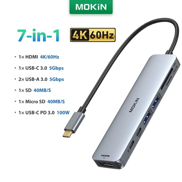 USB Hub, 4K Video Output, 7 Porte,7 i 1