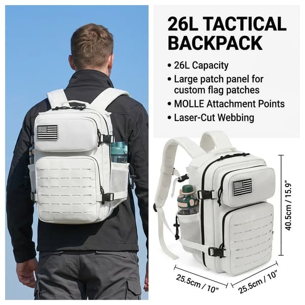 Taktisk Rygsæk, 26L Kapacitet, MOLLE System,Hvid