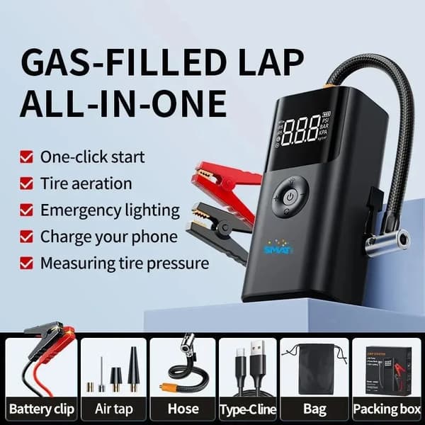 Nødværktøjssæt, Bærbar Jump Starter, Dækpumpe,EU-403-sort