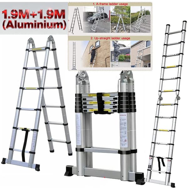 Teleskopstege, 2-i-1 Design, Lättviktsaluminium,1.9M+1.9M(Aluminium)