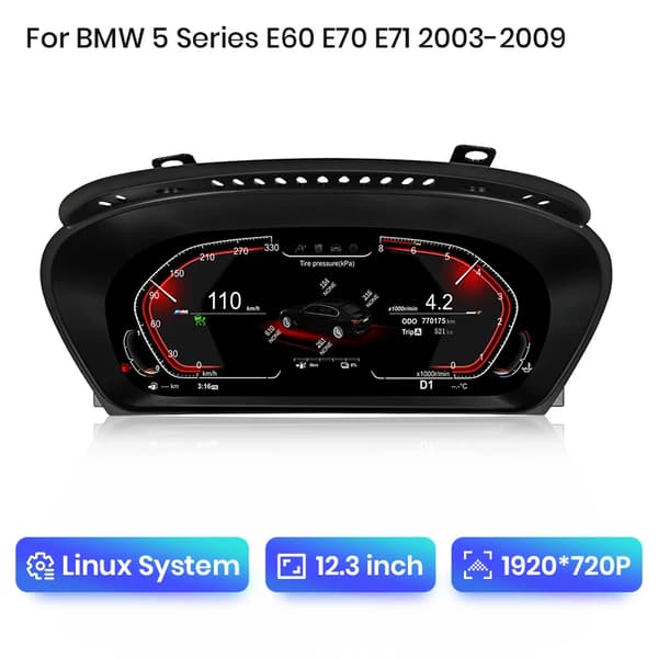 Instrumentpanel Display, Kompatibel med BMW 5 Series E60 E61 E63 E64, 12,3 Tum LCD, Trådlös CarPlay och Android Spegling,VIT