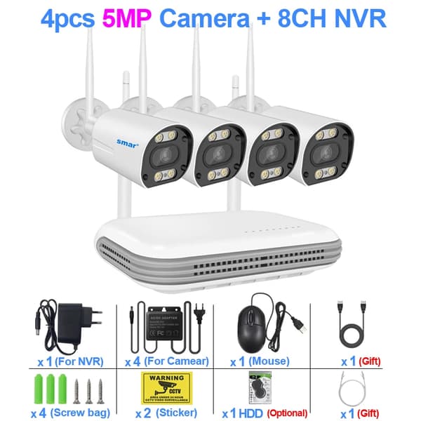Trådløst CCTV-system, HD-video kvalitet, smarte detektionsfunktioner,8CH NVR 4 kameraer 5MP, Ingen