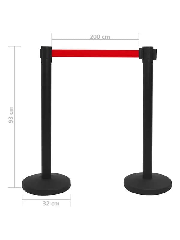 Retractable Barrier Post, Kraftig rustfrit stål, Højde 36 tommer, Sort farve, Base diameter 12 tommer, Retractable bælte længde 6,5 fod