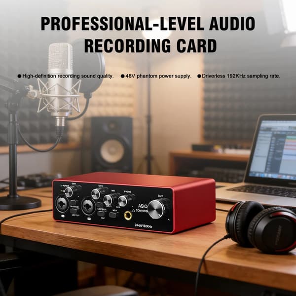 Lydinterface, Bærbart Design, 24Bit/192KHz Opløsning, Dual XLR Indgange, ASIO-Kompatibel, 48V Phantom Strøm