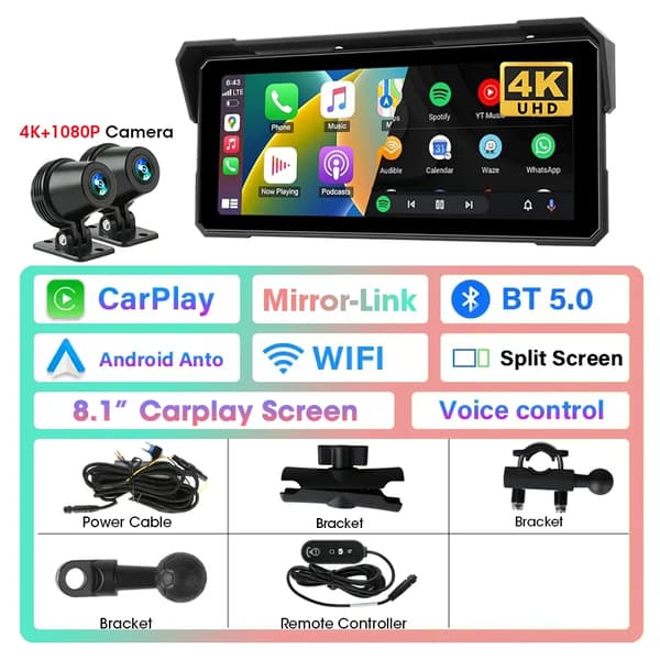 Motorcykel DVR, 4K Frontkamera, Dual Bluetooth-forbindelse,Moto DVR, Ingen