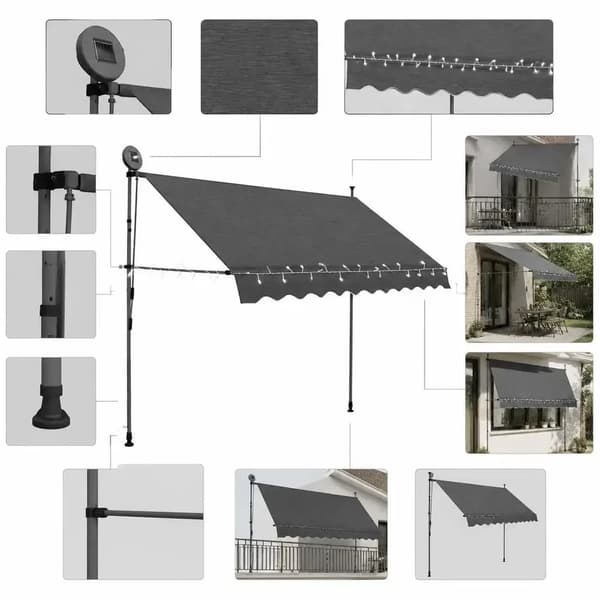 Markise, Solcelledrevet LED-belysning, Justerbar vinkeldesign,Anthracit