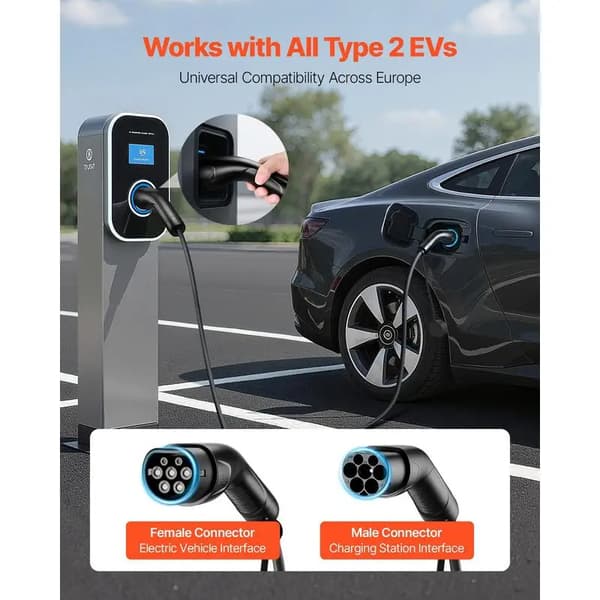 EV-laddkabel, 10 m längd, kompatibel med Typ 2-laddare, svart