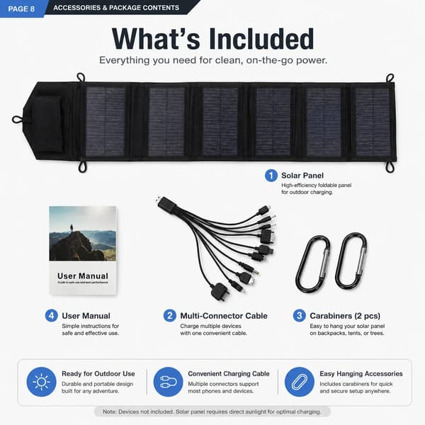 Solpanel, 20W effektudgang, foldbart design,6-fold solpanel