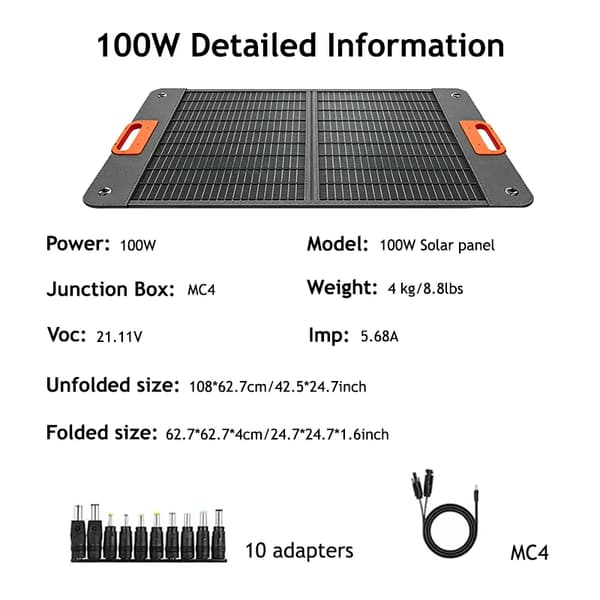 Solpanel, 24% Effektivitet, Foldbart Design,SP100W-MC4-10ads